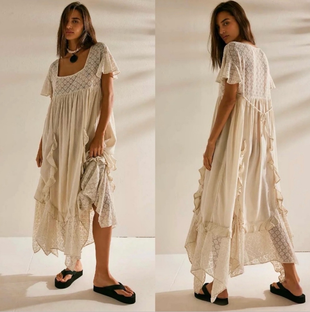 Free People Cream Boho Lace Midi Dress